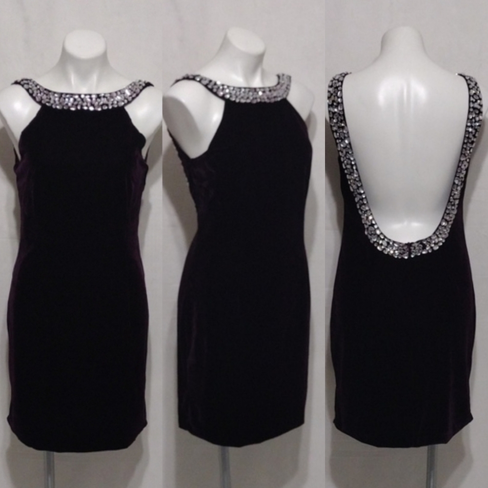 Shulami Rhinestone Backless Velvet Mini Dress Plum Large Party Glam Cocktail